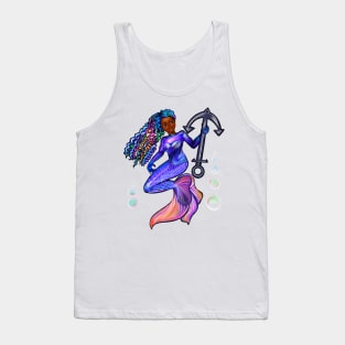 Mermaid and anchor, mermaid with brown eyes, Curly rainbow hair,brown skin - light background Tank Top